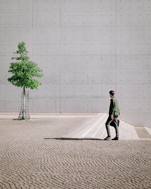 Mann spaziert an einem Stadtbaum vorbei